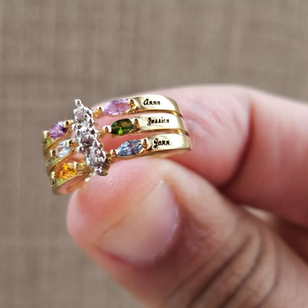 Mix Color Stone Crystal Rhinestone Ring Gold Tone Fashion Jewelry name Engrave - Picture 9 of 13